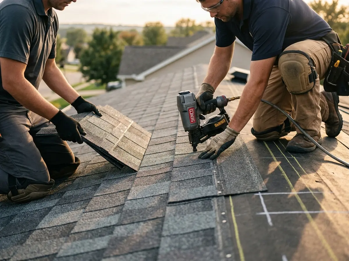 Professional roofer working on a residential roof in Gold River
